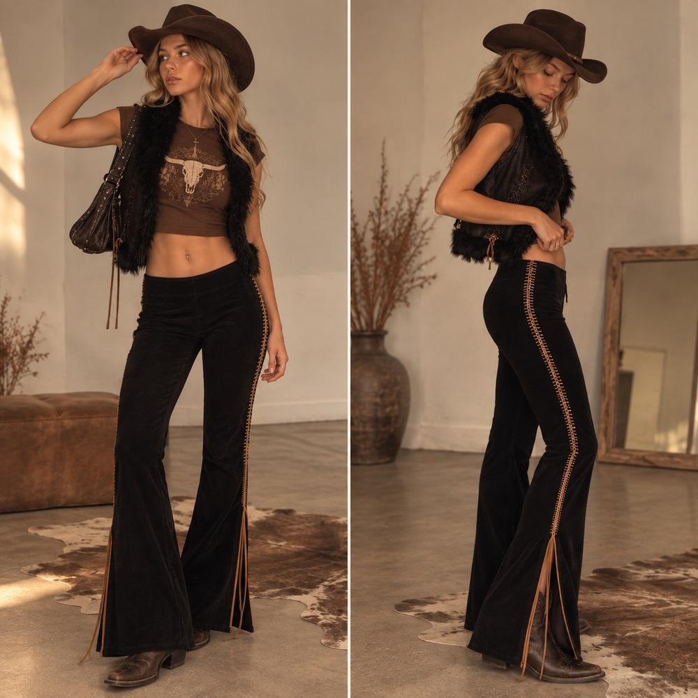 Y2K Western Cowgirl Black Flare Pants Whipstitch Fringe Low Rise Bell Bottoms S